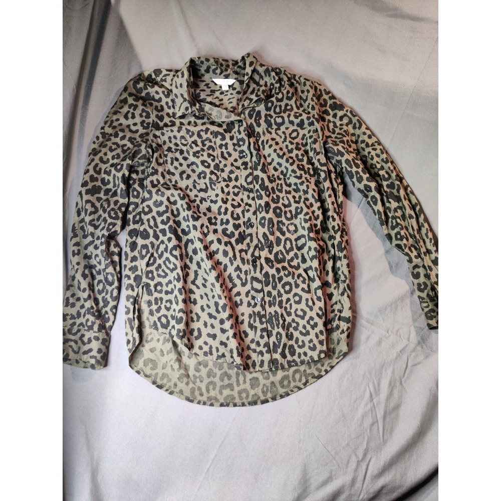 Lucky Brand Button Up Long Sleeve Top Size S/P GREEN Cheetah‎ Leopard Print